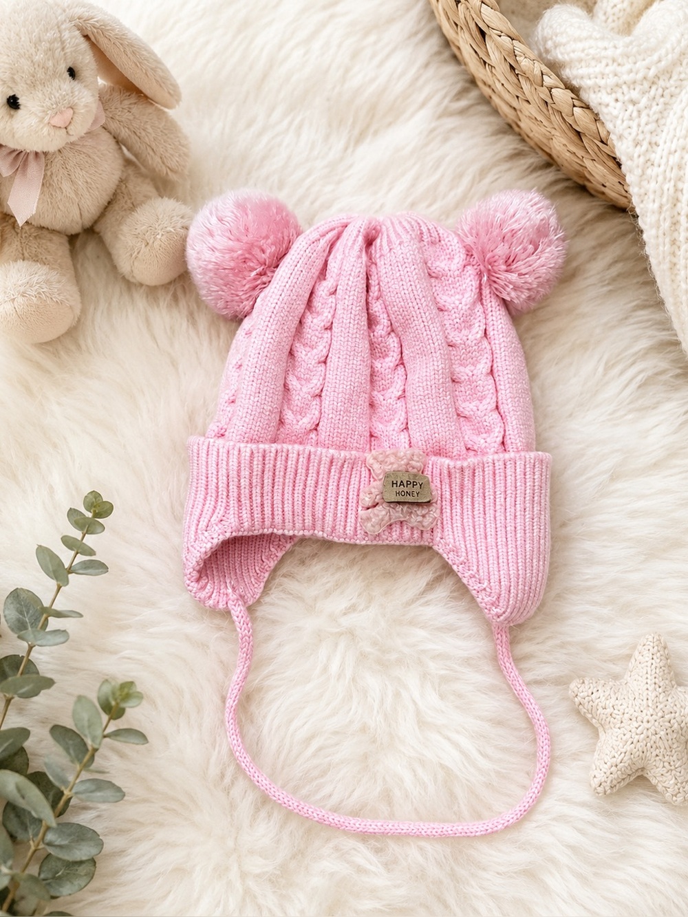 Baby Girl Pink Cable Knit Pom-Pom Beanie Hat with Ear Flaps 0–12 Months